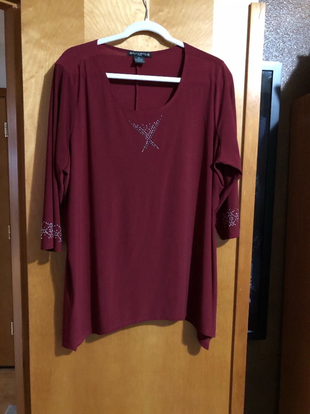 Suzie in the City Burgundy 3/4 sleeves with bead work at neck and sleeves